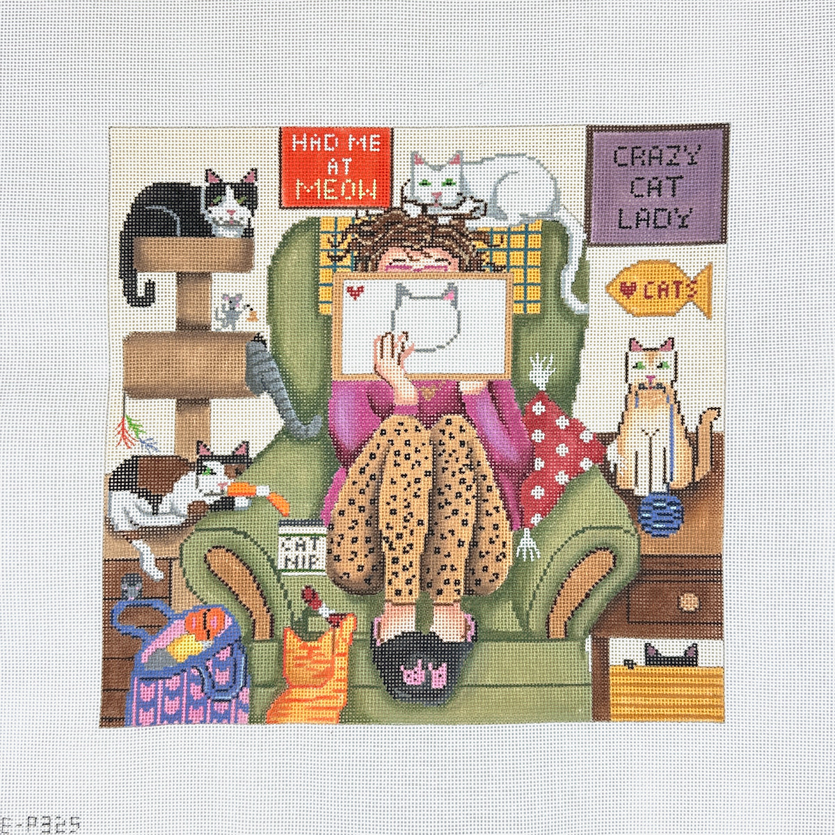 Alice Peterson Co. Gayla Elliott Stitching Girl Cat Lady Needlepoint Canvas