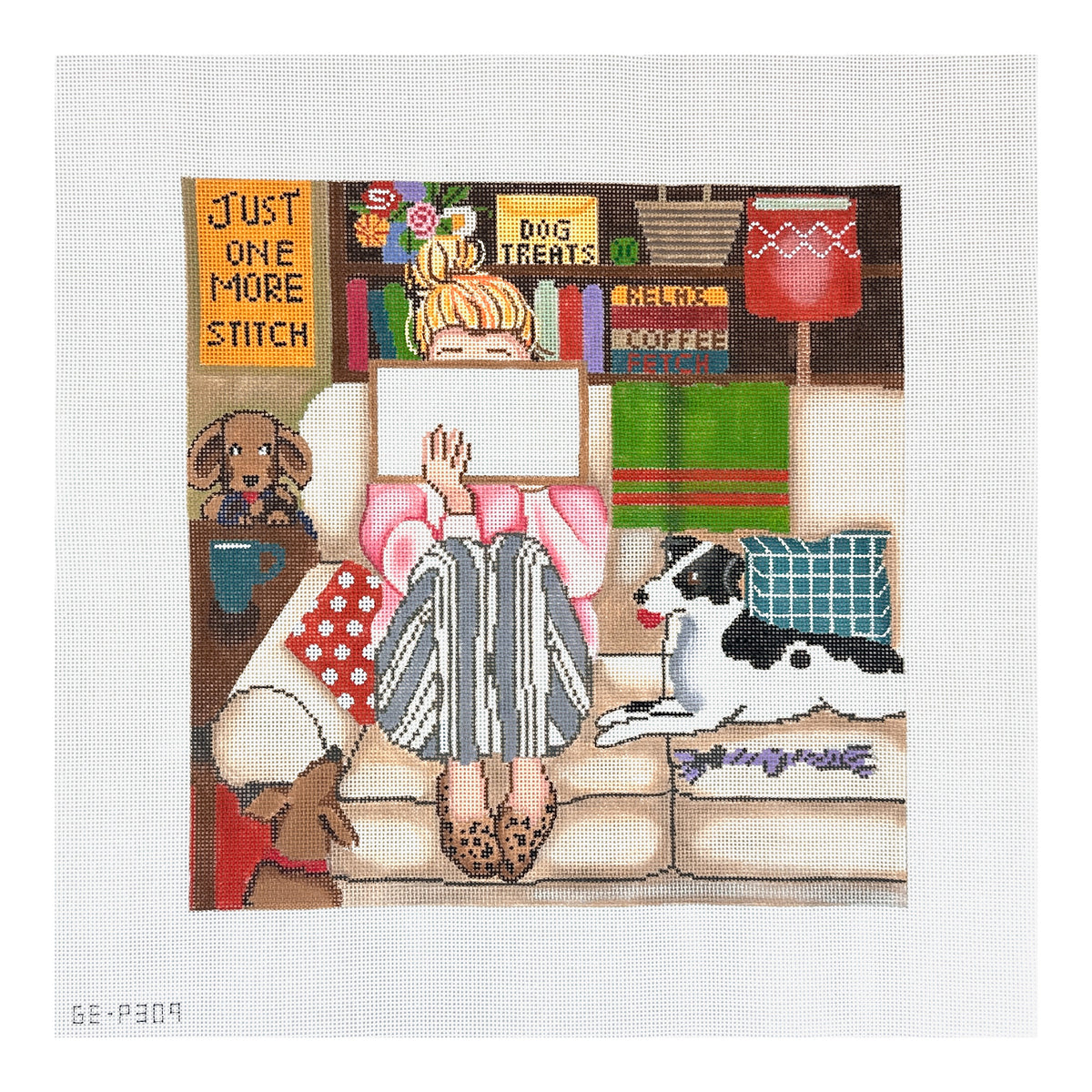 Alice Peterson Co. Gayla Elliott Stitching Girl with Dogs Needlepoint Canvas