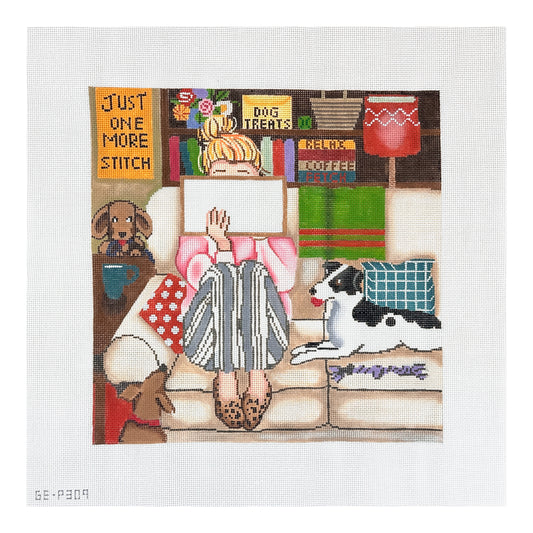 Alice Peterson Co. Gayla Elliott Stitching Girl with Dogs Needlepoint Canvas