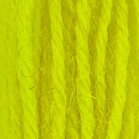 Close-up of bright neon‑yellow crewel wool thread with a soft, fuzzy texture and tightly twisted strands.