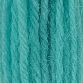 Close-up of cool neon teal crewel wool thread with a soft, fuzzy texture and tightly twisted strands.