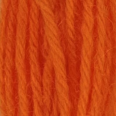 Close-up of cool neon orange crewel wool thread with a soft, fuzzy texture and tightly twisted strands.