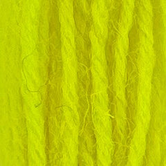 Close-up of bright hot neon-yellow crewel wool thread with a soft, fuzzy texture and tightly twisted strands.