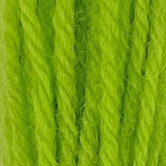 Close-up of cool neon-green tapestry wool thread with a soft, fuzzy texture and tightly twisted strands.