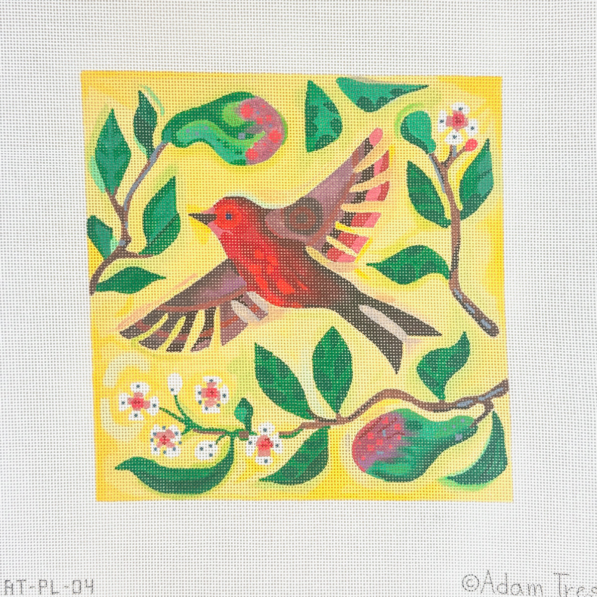 Kate Dickerson Needlepoint Collections Adam Trest Robin with Pears on Lemon Background Needlepoint Canvas