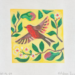 Kate Dickerson Needlepoint Collections Adam Trest Robin with Pears on Lemon Background Needlepoint Canvas