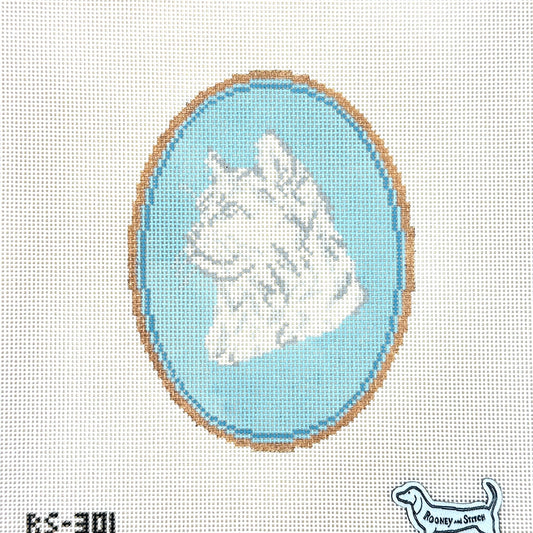 Atlantic Blue Canvas Rooney and Stitch Cat Cameo Needlepoint Canvas - Long Haired