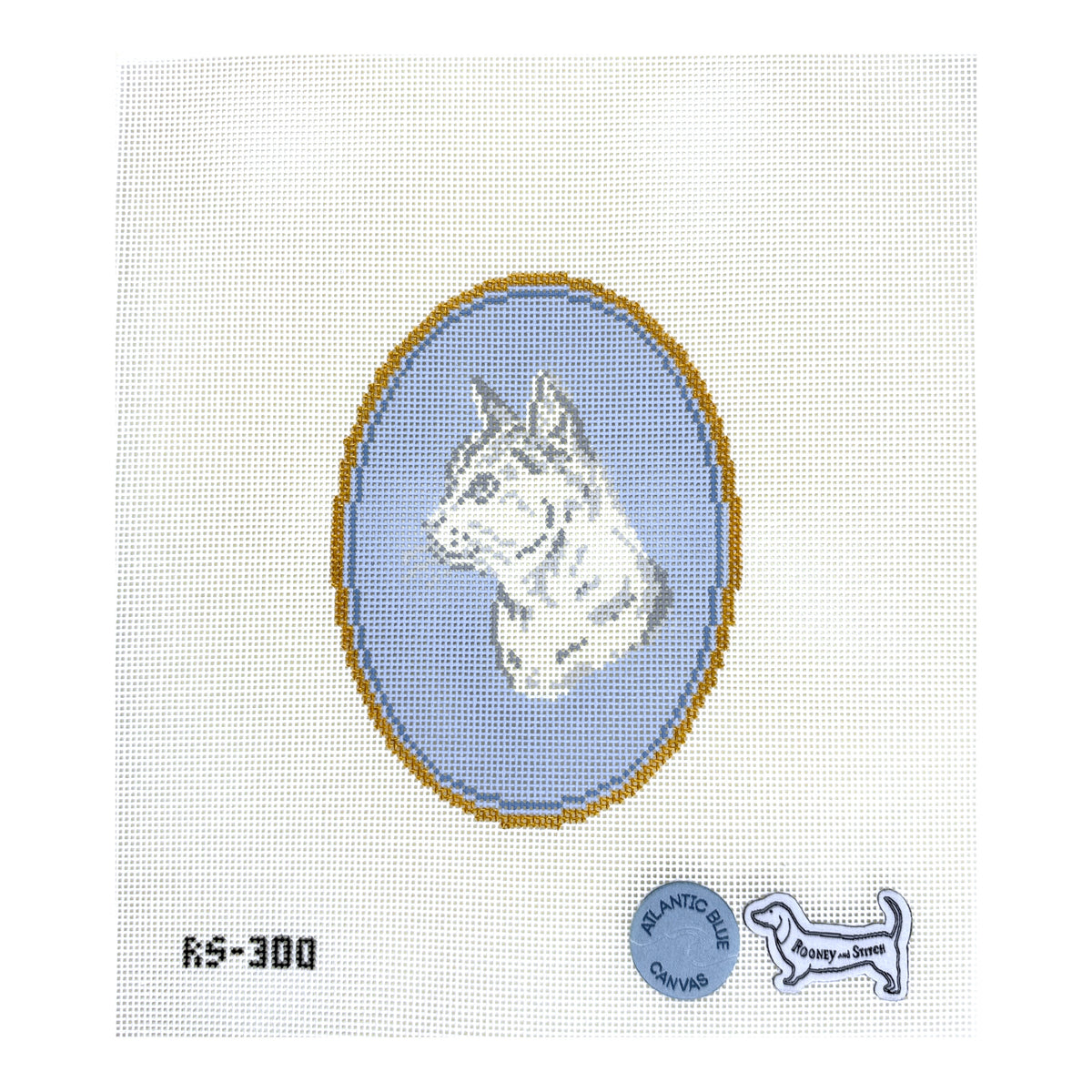 Atlantic Blue Canvas Rooney and Stitch Cat Cameo Needlepoint Canvas - Short Haired