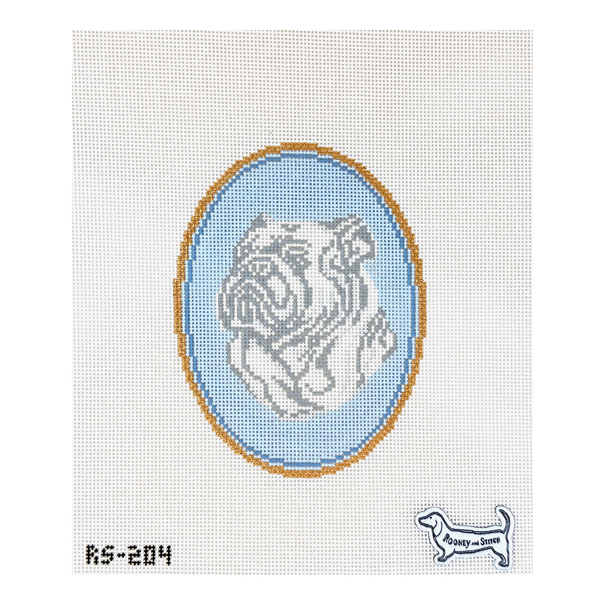 Atlantic Blue Canvas Rooney and Stitch Dog Cameo Needlepoint Canvas - English Bulldog