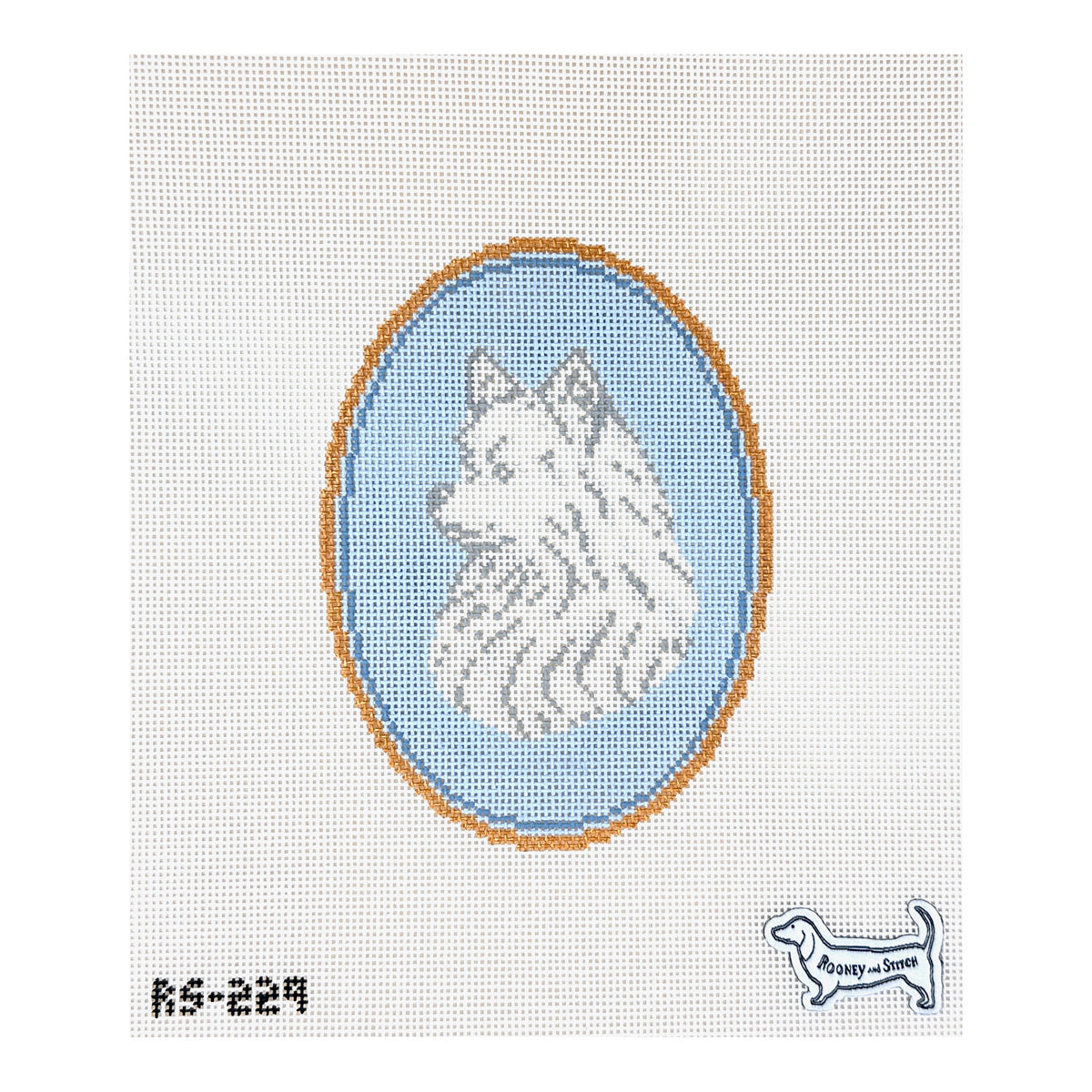 Atlantic Blue Canvas Rooney and Stitch Dog Cameo Needlepoint Canvas - Pomeranian