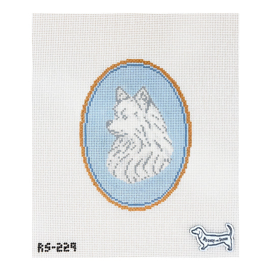 Atlantic Blue Canvas Rooney and Stitch Dog Cameo Needlepoint Canvas - Pomeranian