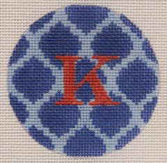 Kate Dickerson Needlepoint Collections Bright Disk Letter Royal and Sky Blue Quatrefoil Damask Red Letter Specify Letter Or Blank Needlepoint Canvas