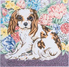 Barbara Russell Designs Cavalier King Charles Spaniel Dog with Flowers 18m Needlepoint Canvas