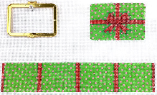 Kate Dickerson Needlepoint Collections Limoges Box - Medium Rectangle Gift Box - Christmas Red, Green & Hot Pink (Gold Clasp) Needlepoint Canvas