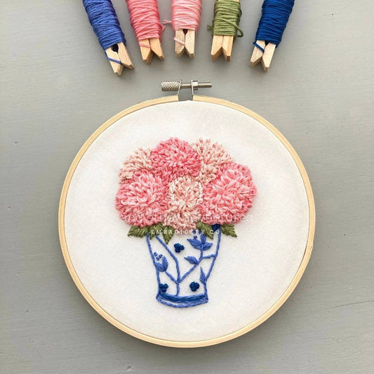 And Other Adventures Embroidery Co Ginger Jar with Pink Dahlias Embroidery Kit