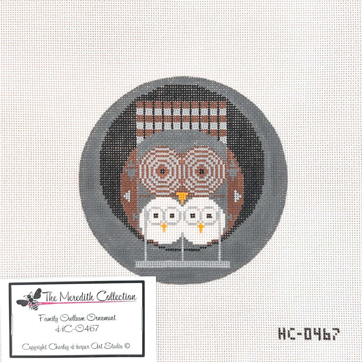 Charley Harper Family Owlbum Round Needlepoint Canvas