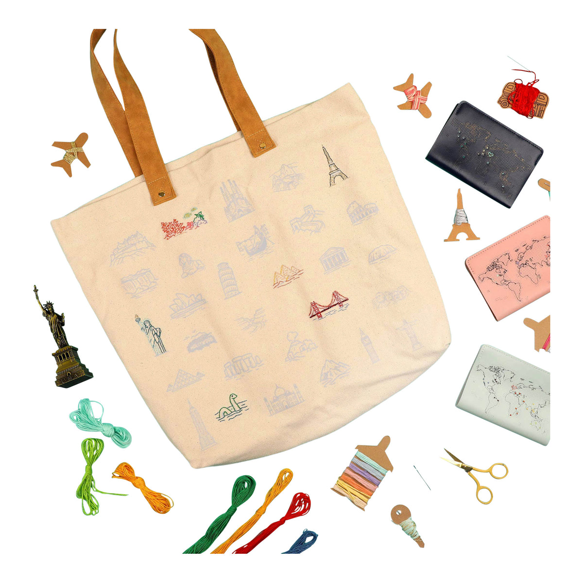 Chasing Threads Stitch The World Bucket List Tote Bag Embroidery Kit