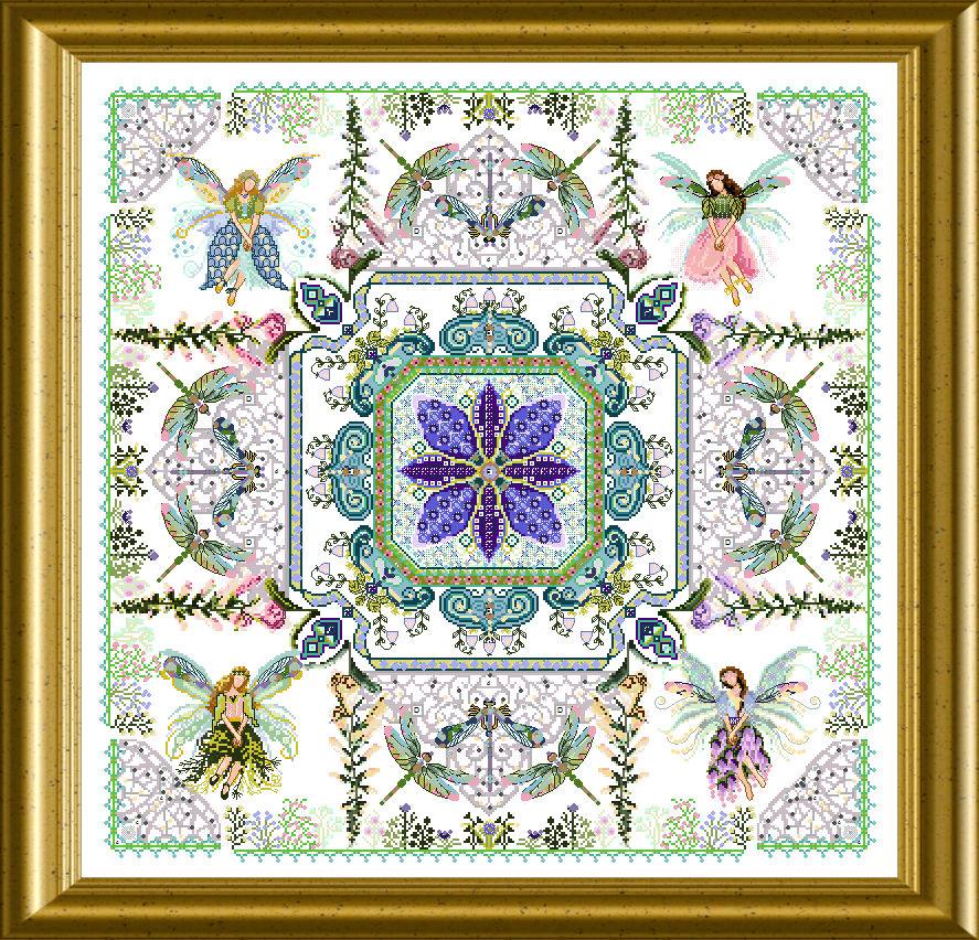 Framed cross stitch of a fairy mandala design filled with  fluttering winged figures, leafy garlands, and a floral medallion stitched in purples, greens, and blues.