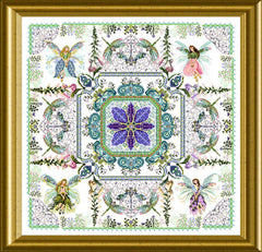 Framed cross stitch of a fairy mandala design filled with  fluttering winged figures, leafy garlands, and a floral medallion stitched in purples, greens, and blues.
