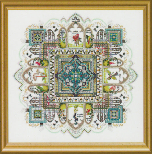Framed cross stitch of a mandala with intricate borders, geometric patterns, botanical motifs, insects, and tiny decorative scenes arranged around a central medallion.