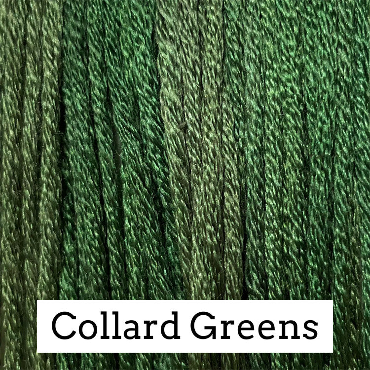 Close-up of variegated green silk embroidery floss with dark and light leafy green tones, labeled “Collard Greens.”