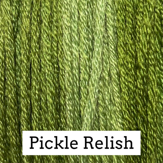 Close-up of chartreuse‑green silk embroidery floss with subtle light and dark tonal variations, labeled “Pickle Relish.”