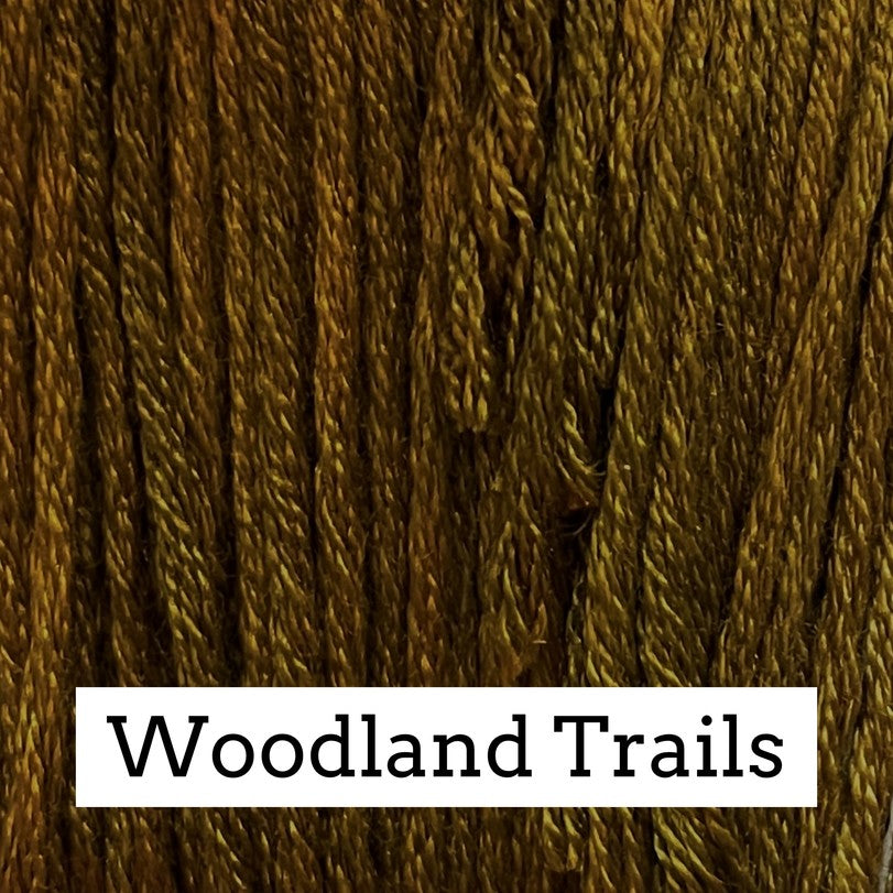 Close-up of rich brown silk embroidery floss with subtle golden and olive tonal variations, labeled “Woodland Trails.”