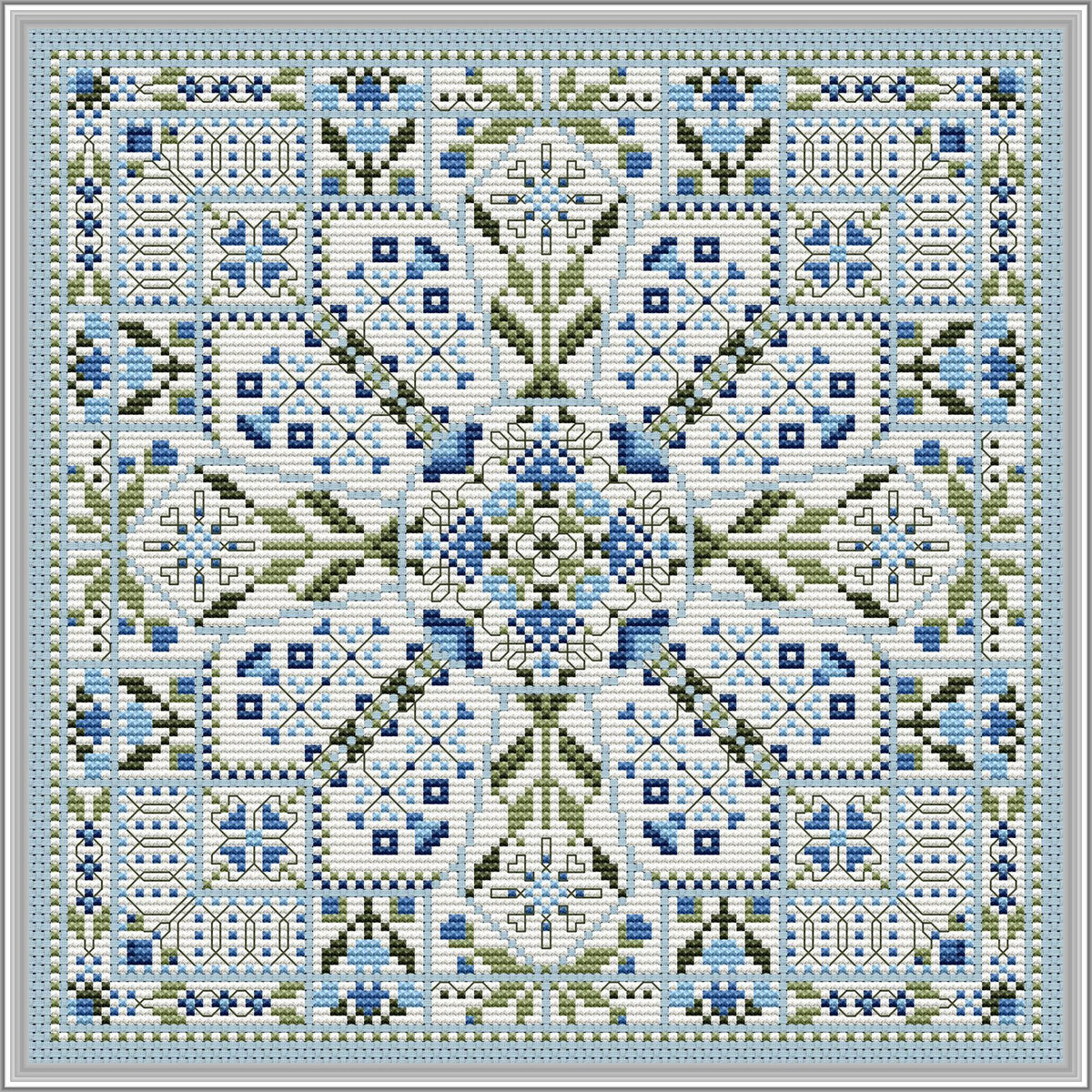 Symmetrical blue and green geometric cross‑stitch design with a central floral motif and repeating decorative borders.