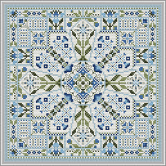 Symmetrical blue and green geometric cross‑stitch design with a central floral motif and repeating decorative borders.