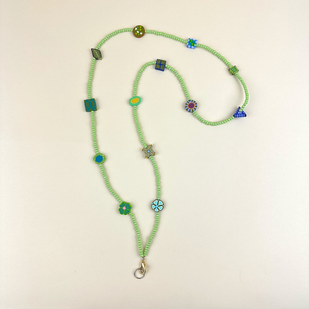 Colorful Beaded Polymer Clay Chatelaine Fob Necklace - Green