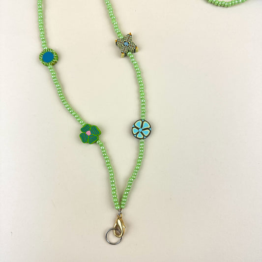 Colorful Beaded Polymer Clay Chatelaine Fob Necklace - Green