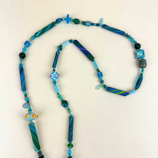 Colorful Beaded Polymer Clay Chatelaine Fob Necklace - Turquoise