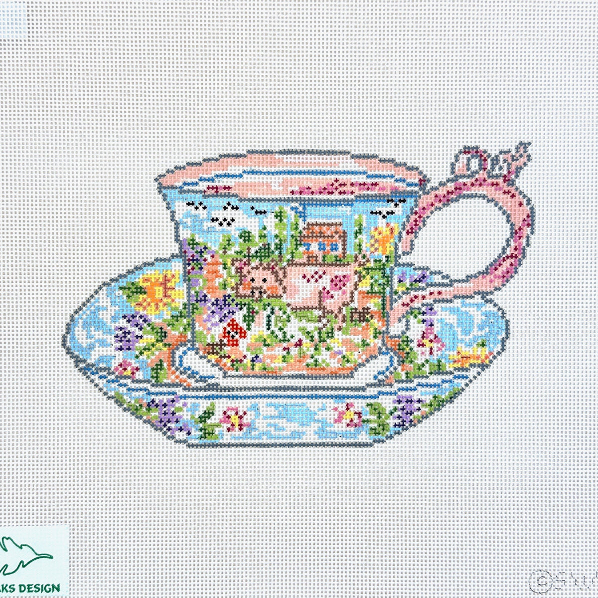 Cooper Oaks Design Susan Wallace Barnes Mildred's Teacup Needlepoint Canvas