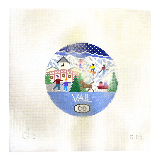Doolittle Stitchery Vail Travel Round Ornament Needlepoint Canvas