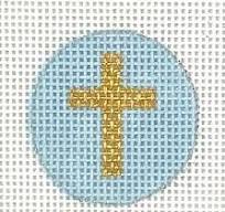 Kate Dickerson Needlepoint Collections Key Ring Insert - Gold Cross on Sky Blue Needlepoint Canvas