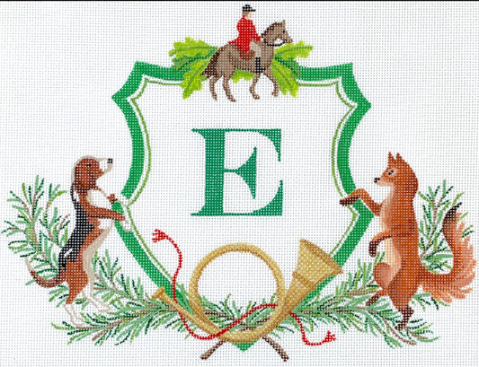 Kate Dickerson Needlepoint Collections Monogram Crest - Hunter, Fox, Hound & Horn with Greenery Needlepoint Canvas