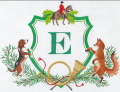 Kate Dickerson Needlepoint Collections Monogram Crest - Hunter, Fox, Hound & Horn with Greenery Needlepoint Canvas