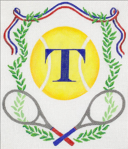 Kate Dickerson Needlepoint Collections Monogram Crest - Tennis Rackets, Ball, Greenery & Ribbon Needlepoint Canvas