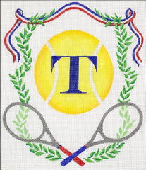 Kate Dickerson Needlepoint Collections Monogram Crest - Tennis Rackets, Ball, Greenery & Ribbon Needlepoint Canvas