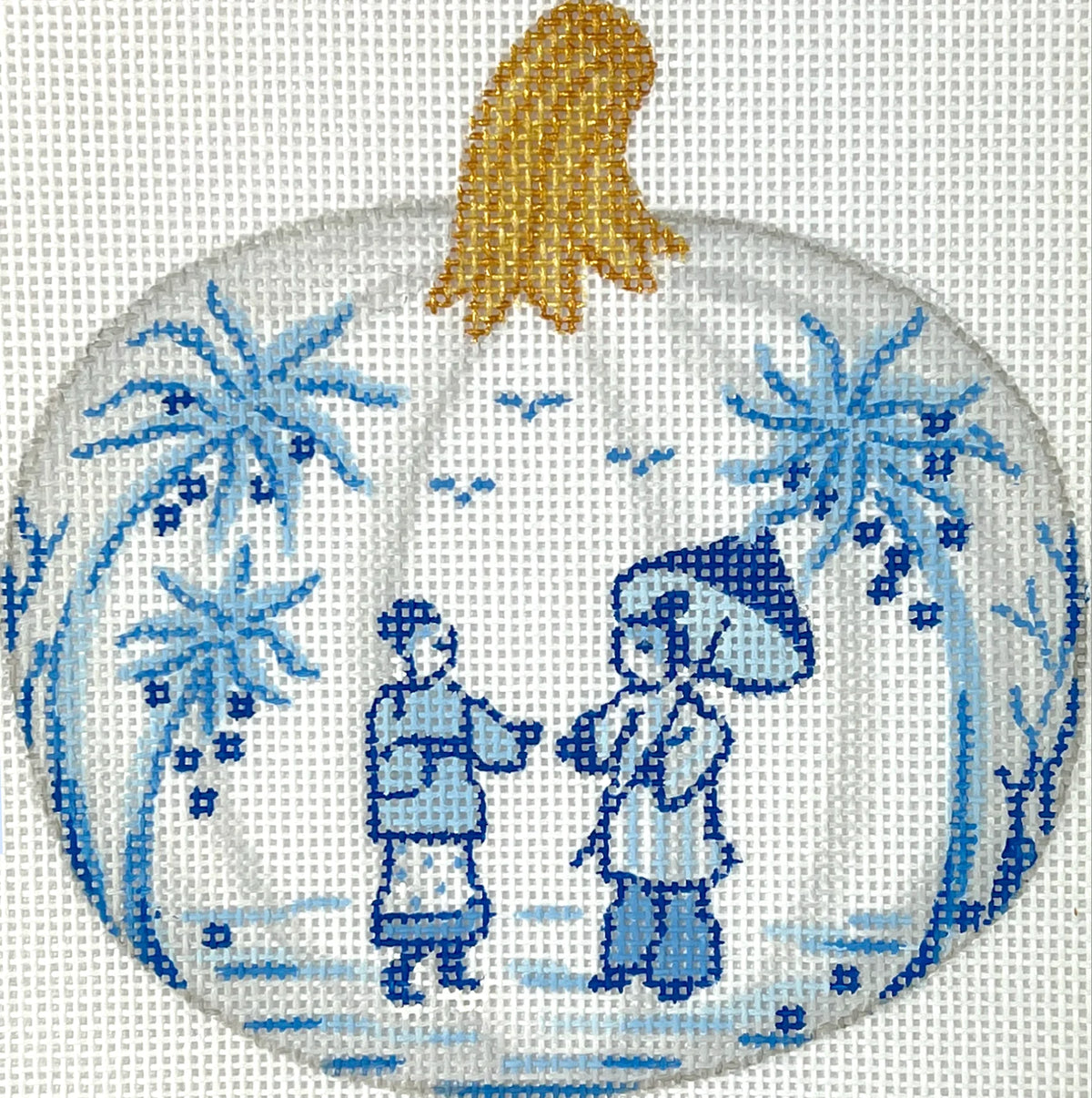 Kate Dickerson Needlepoint Collections Mini Chinoiserie Pumpkin - Small Round with People, Parasol & Palms - White with Blues & Golds Needlepoint Canvas