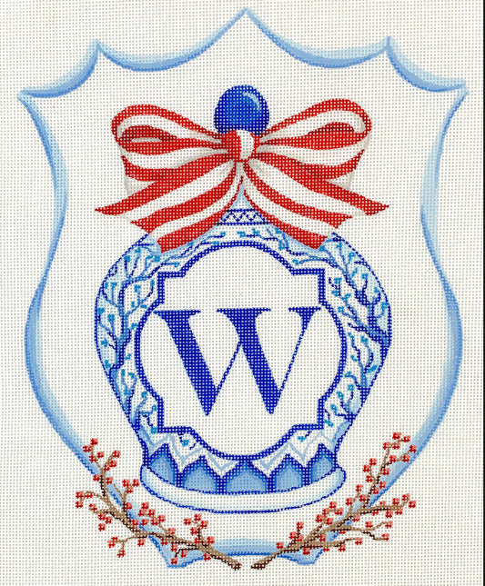 Kate Dickerson Needlepoint Collections Monogram Crest - Chinese Vase with Bow - Blues & Reds Needlepoint Canvas