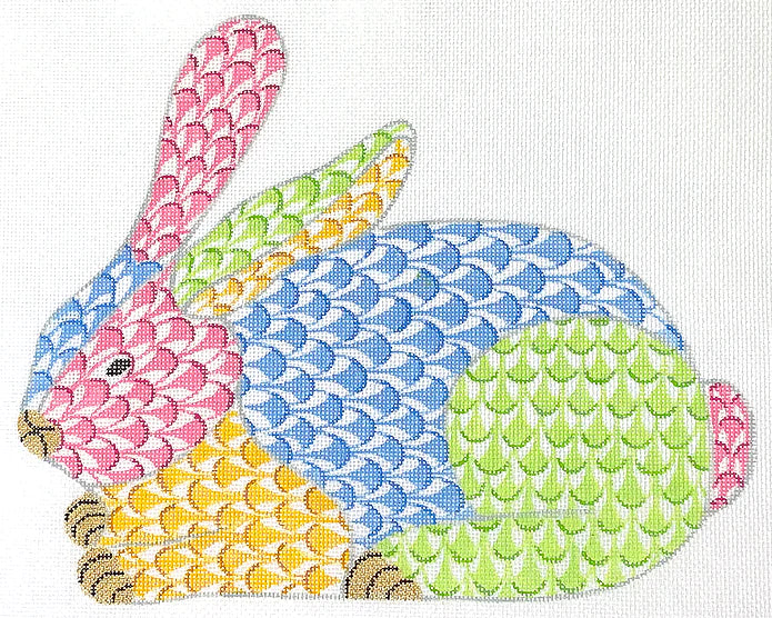 Kate Dickerson Needlepoint Collections Herend-Inspired Fishnet Bunny with Bow - Crouching Pink Bunny with Lime Bow Needlepoint Canvas