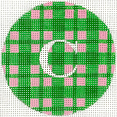 Kate Dickerson Needlepoint Collections Bright Disk Letter - Madras Plaid - Kelly Greens & Bright Pink with White Letter Needlepoint Canvas