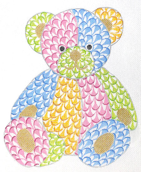 Kate Dickerson Needlepoint Collections Herend-Inspired Fishnet Patchwork Teddy Bear - Pinks, Blues, Yellows & Greens With Gold Needlepoint Canvas