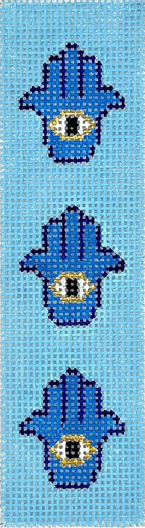 Kate Dickerson Needlepoint Collections Mezuzah - Hamsa Hands - Blues, Gold, Black & White on Sky Blue Needlepoint Canvas