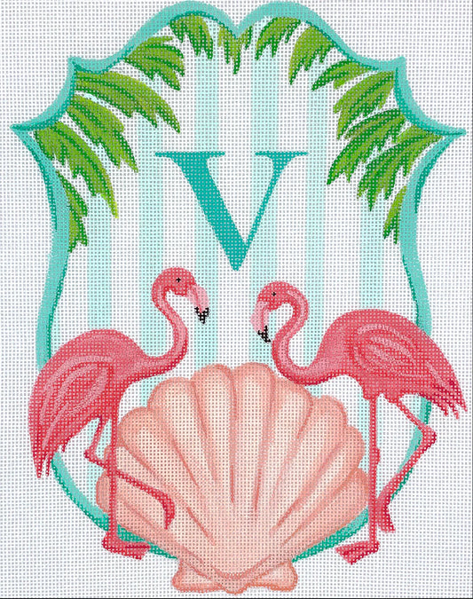 Kate Dickerson Needlepoint Collections Monogram Crest - Flamingos, Scallop & Palm Branches with Aqua Stripes Needlepoint Canvas