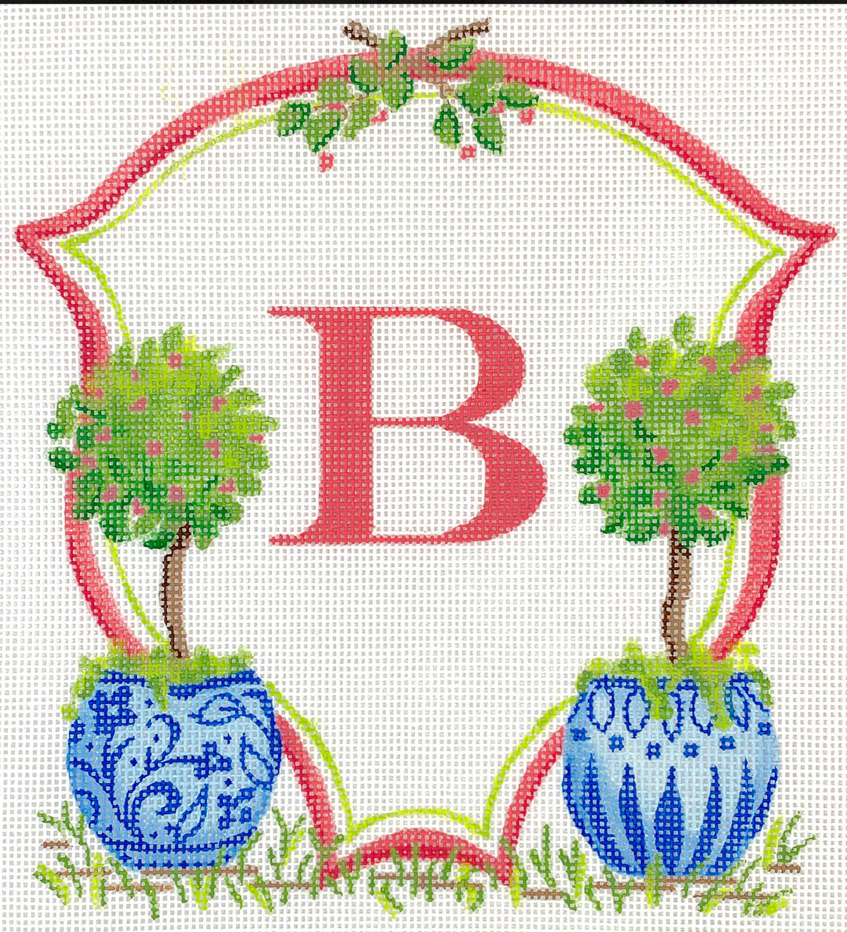 Kate Dickerson Needlepoint Collections Monogram Crest - Topiaries with Coral Berries In Chinese Pots Needlepoint Canvas