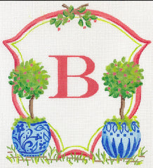 Kate Dickerson Needlepoint Collections Monogram Crest - Topiaries with Coral Berries In Chinese Pots Needlepoint Canvas