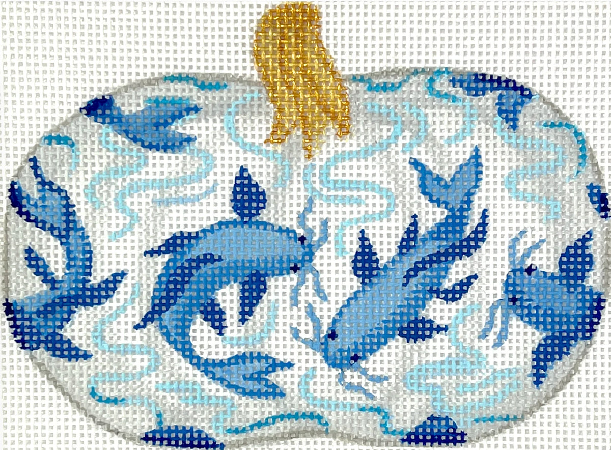 Kate Dickerson Needlepoint Collections Mini Chinoiserie Pumpkin - Short & Wide with Koi Fish & Waves - White with Blues & Golds Needlepoint Canvas