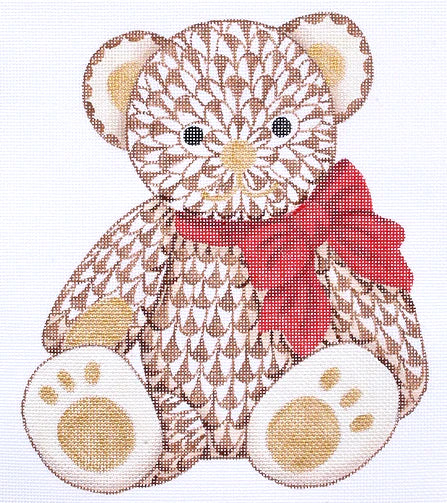 Kate Dickerson Needlepoint Collections Herend-Inspired Fishnet Teddy Bear - Brown with Gold & Red Ribbon Needlepoint Canvas